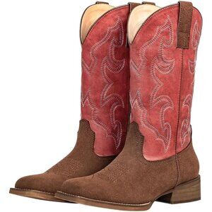 Square Toe Two-Tone Red Cowboy BootsCowgirl Western Riding Boots for Women